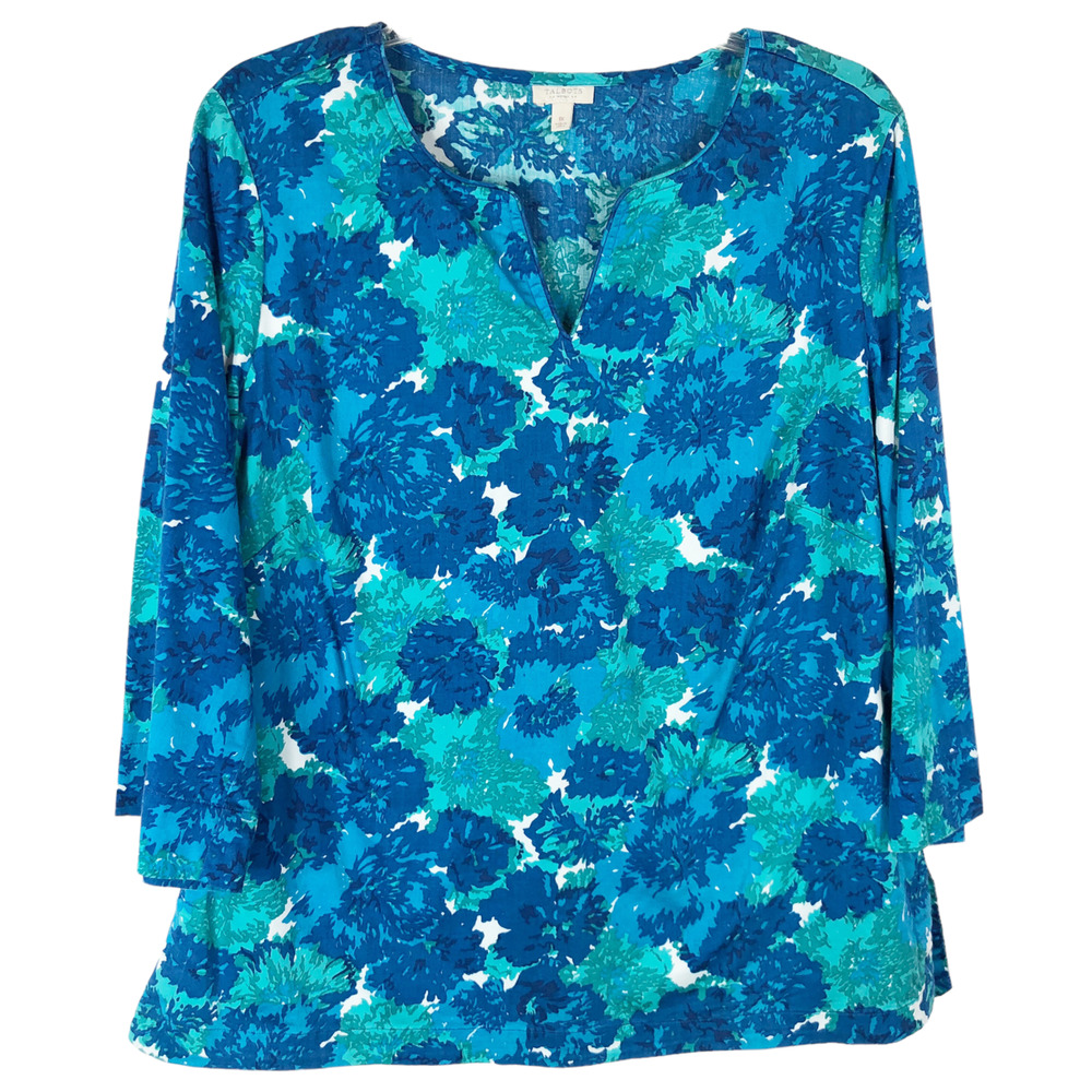 Talbots Plus Size 1X Top Blue Floral Blouse V Neck Cotton Stretch Womens 529